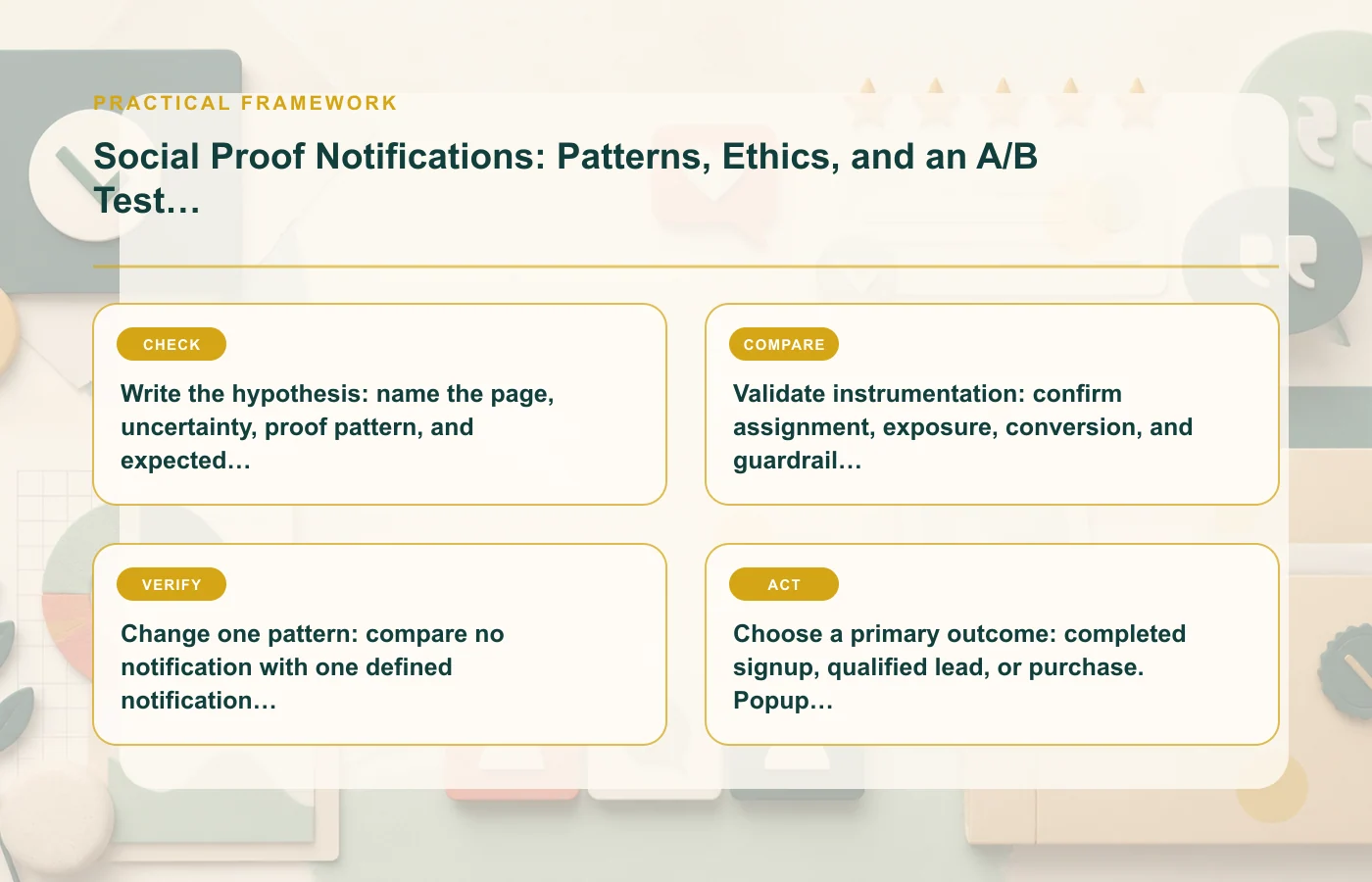 Social Proof Notifications: Patterns, Ethics, and an A/B Test Plan: practical framework for Write the hypothesis: name the page, uncertainty, proof pattern, and expected decision…