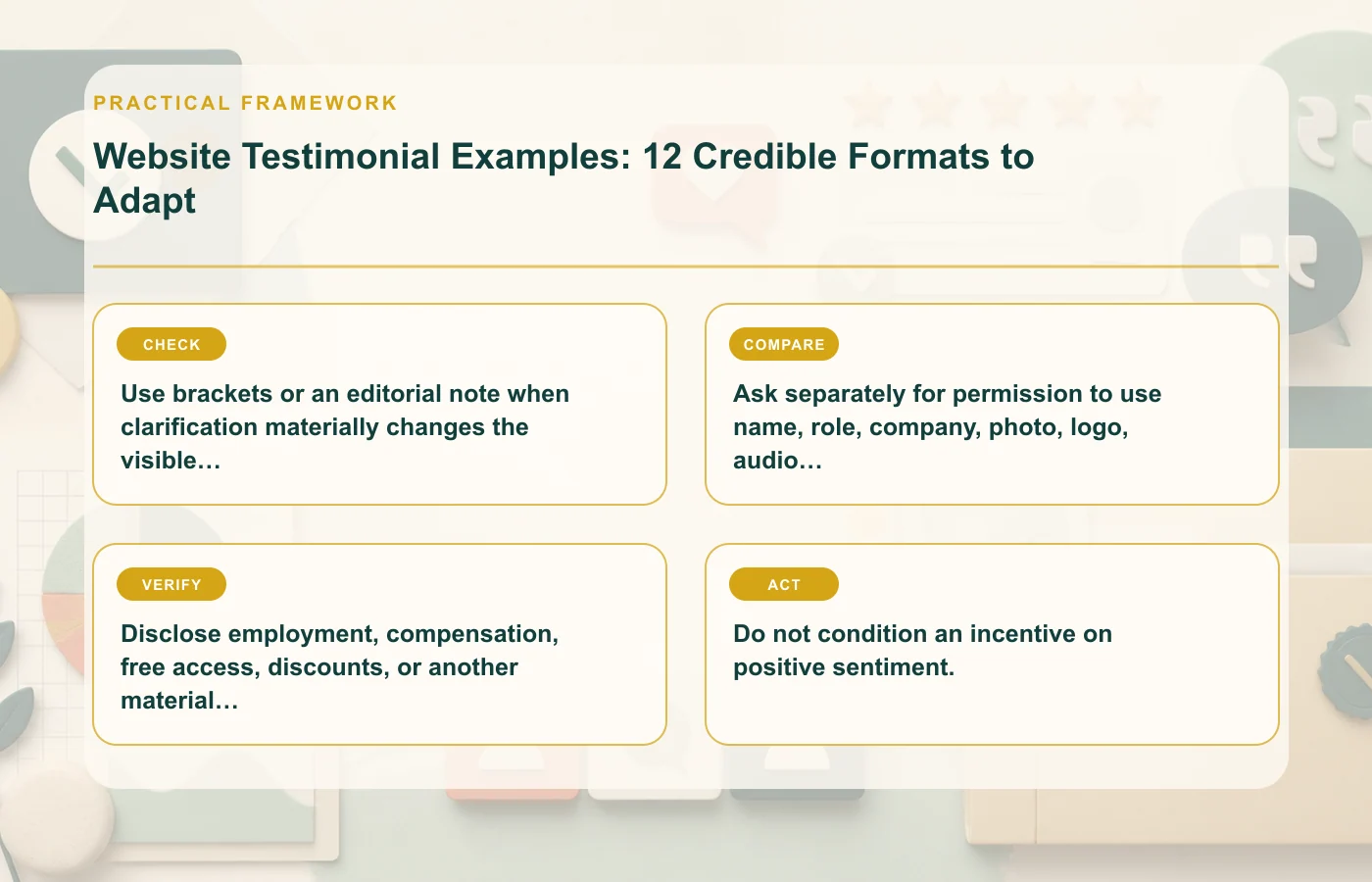 Website Testimonial Examples: 12 Credible Formats to Adapt: practical framework for Use brackets or an editorial note when clarification materially changes the visible wording…